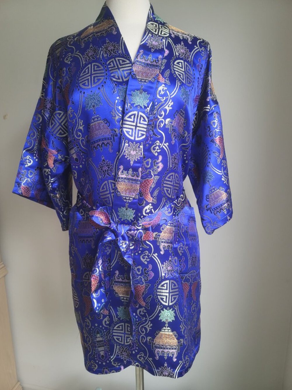 Qiong Yu Chinese Short Silk Brocade Open Front Lounge Robe Kimono One Size